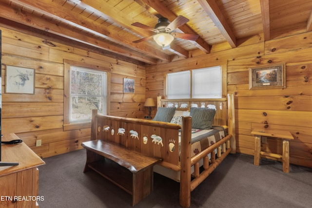 bedroom featuring wood walls, beam ceiling, wooden ceiling, and dark carpet