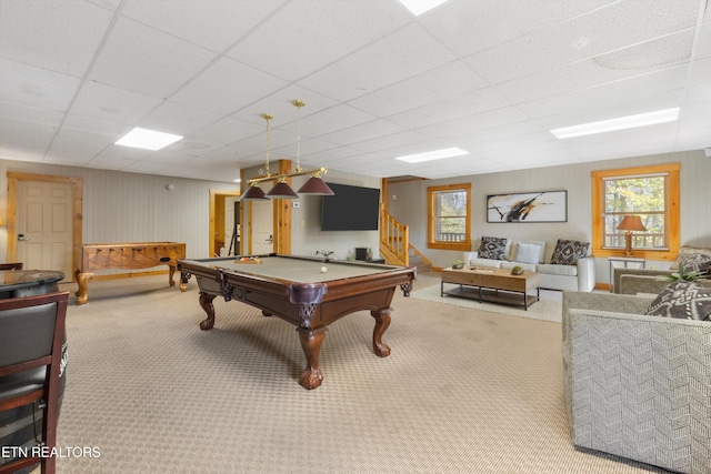 playroom with a paneled ceiling, light carpet, and pool table