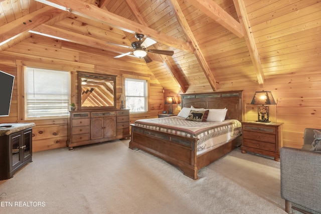 carpeted bedroom featuring vaulted ceiling with beams, wood walls, ceiling fan, and wood ceiling