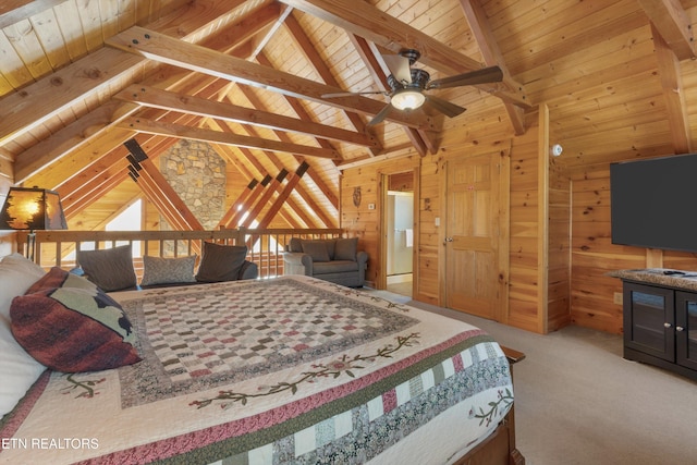 bedroom featuring carpet flooring, lofted ceiling with beams, wood walls, and wood ceiling