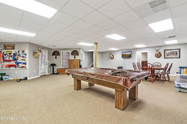 game room featuring carpet flooring, a paneled ceiling, and pool table