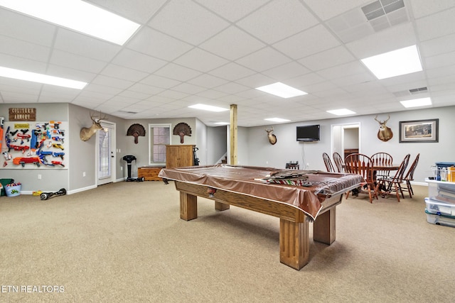 playroom featuring carpet floors, a drop ceiling, and pool table