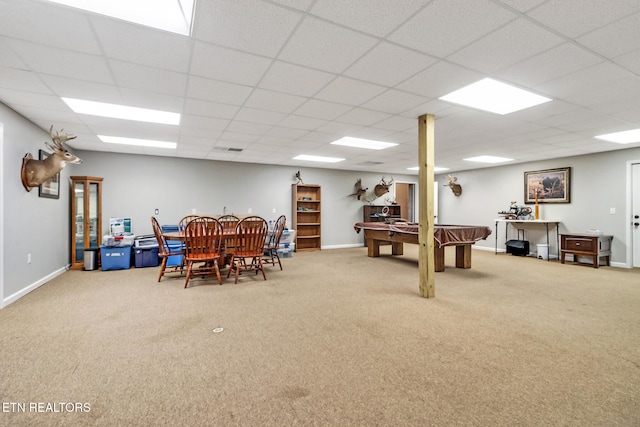 recreation room with carpet flooring, a paneled ceiling, and billiards