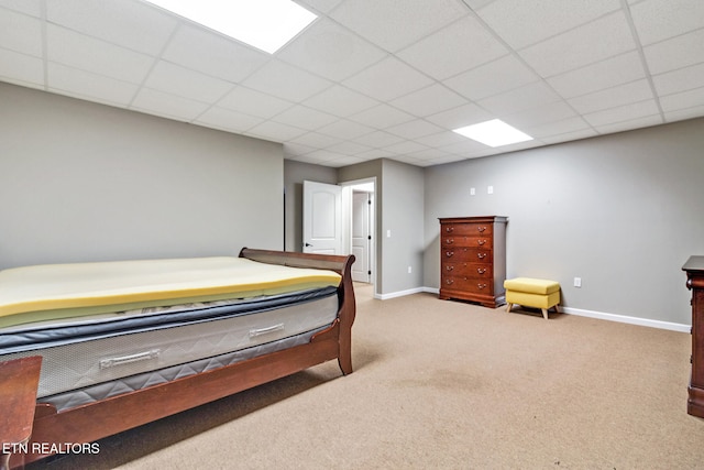 bedroom featuring a drop ceiling and carpet floors