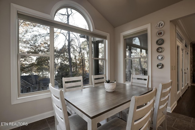 dining space featuring lofted ceiling and dark tile patterned flooring