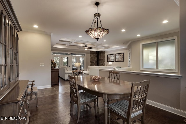 dining area featuring french doors, coffered ceiling, ornamental molding, beamed ceiling, and ceiling fan