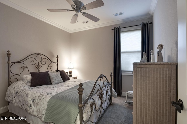 bedroom with ceiling fan, ornamental molding, and carpet