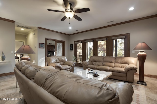 living room featuring crown molding and ceiling fan