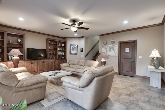 living room featuring ornamental molding and ceiling fan