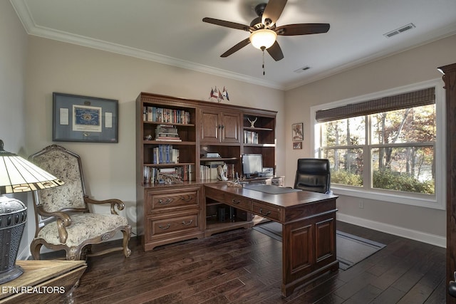 office featuring crown molding, ceiling fan, and dark wood-type flooring