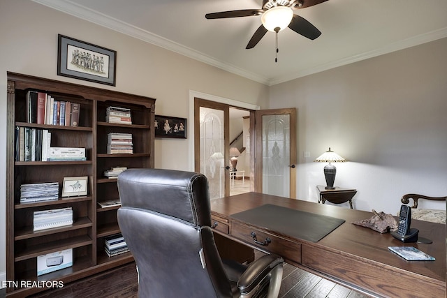 office with dark hardwood / wood-style flooring, crown molding, french doors, and ceiling fan