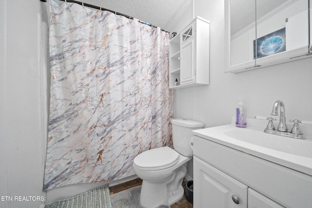 bathroom with ornamental molding, vanity, a textured ceiling, toilet, and curtained shower