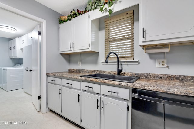 kitchen with dishwasher, white cabinetry, and sink