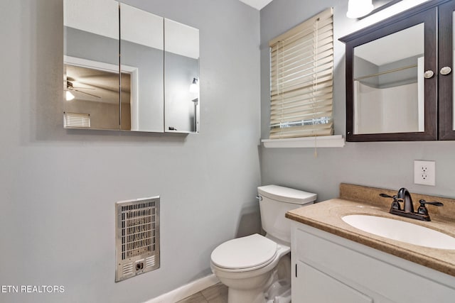 bathroom featuring ceiling fan, tile patterned floors, heating unit, toilet, and vanity