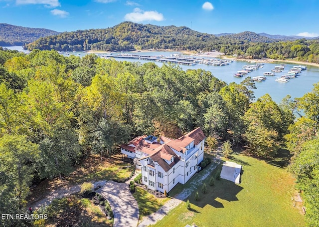 drone / aerial view featuring a water and mountain view