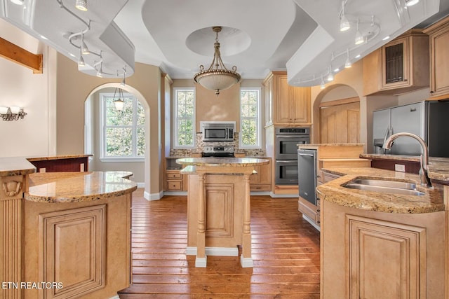 kitchen featuring light hardwood / wood-style floors, sink, stainless steel appliances, and an island with sink