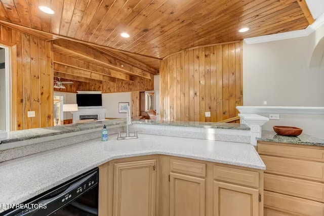 kitchen featuring vaulted ceiling, wooden walls, sink, wooden ceiling, and dishwasher