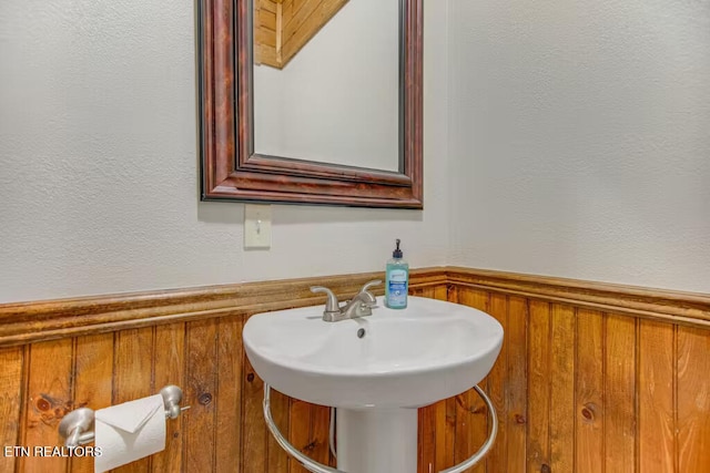 bathroom with wood walls