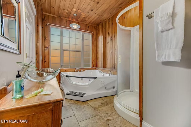 bathroom featuring wood walls, vanity, wooden ceiling, and shower with separate bathtub