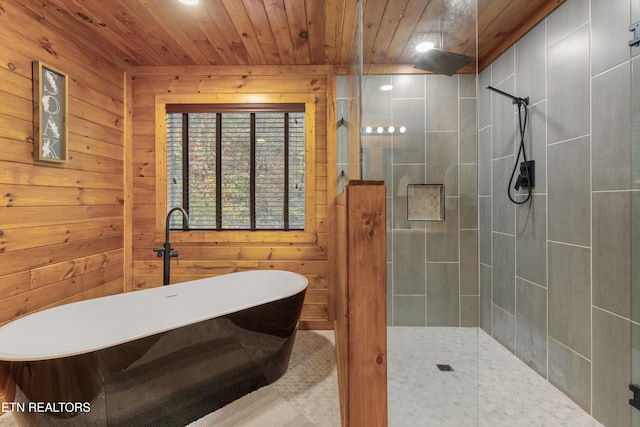 bathroom featuring separate shower and tub, wooden walls, and wooden ceiling