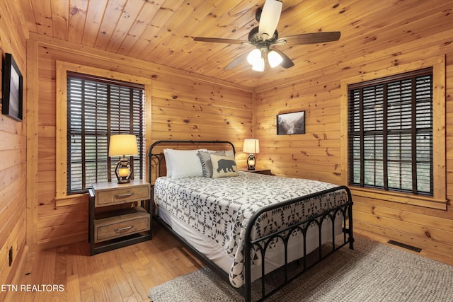 bedroom with dark wood-type flooring, ceiling fan, wooden walls, and wood ceiling