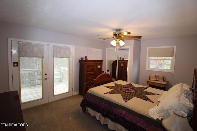 bedroom with access to exterior, ceiling fan, french doors, and carpet floors