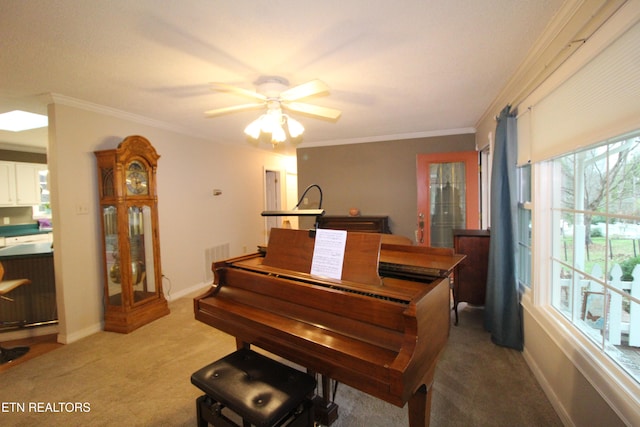 misc room featuring carpet, ceiling fan, and crown molding