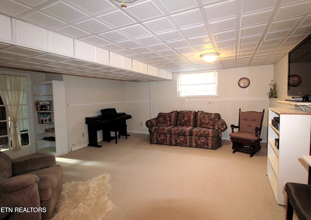 living room featuring light carpet