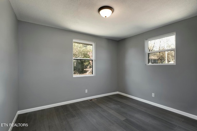 empty room featuring a wealth of natural light, dark hardwood / wood-style flooring, and a textured ceiling