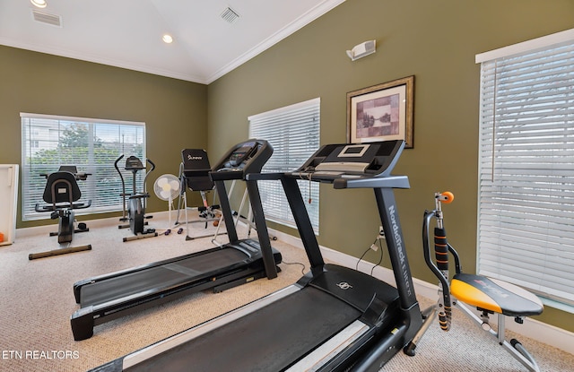 exercise area with carpet floors and crown molding