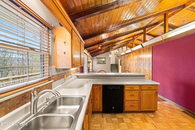 kitchen featuring ceiling fan, sink, decorative light fixtures, dishwasher, and vaulted ceiling with beams