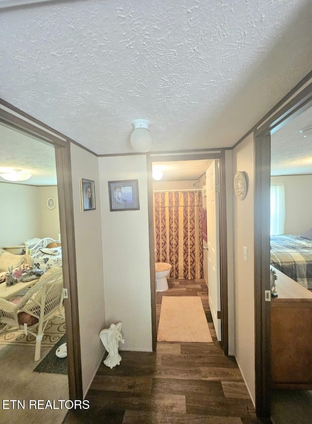 corridor with dark hardwood / wood-style flooring and a textured ceiling