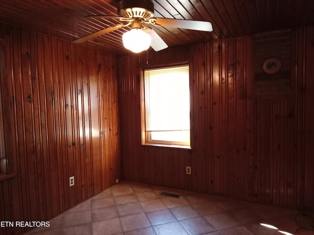 empty room featuring ceiling fan, wood walls, and wooden ceiling