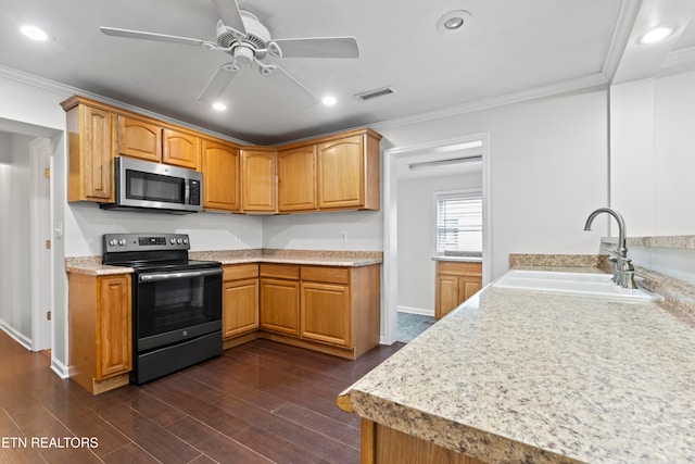 kitchen featuring sink, ornamental molding, stainless steel appliances, and dark wood-type flooring