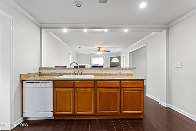 kitchen with white dishwasher, dark hardwood / wood-style floors, ornamental molding, and sink