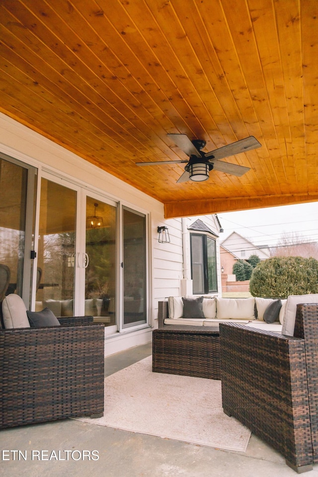 view of patio / terrace featuring ceiling fan and an outdoor hangout area