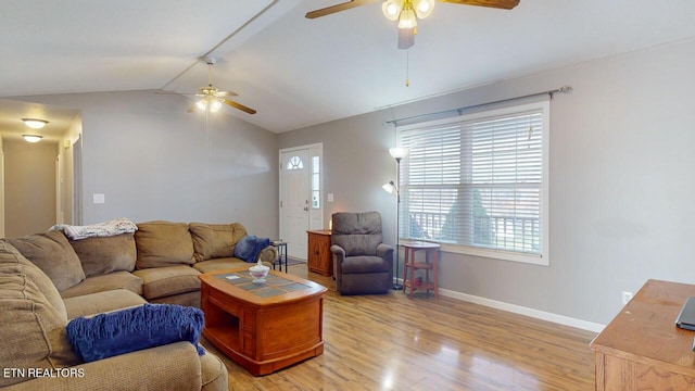 230 Clover Cir, Jacksboro, TN 37757 - living room featuring a ceiling fan, light wood finished floors, baseboards, and lofted ceiling