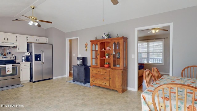 230 Clover Cir, Jacksboro, TN 37757 - kitchen with stainless steel appliances, a ceiling fan, under cabinet range hood, and white cabinetry