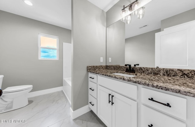 250 Clear Creek Rd, Kodak, TN 37764 - full bath featuring vanity, baseboards, toilet, marble finish flooring, and recessed lighting
