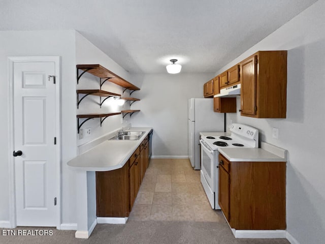 kitchen with sink, light tile patterned flooring, white electric range oven, and a textured ceiling