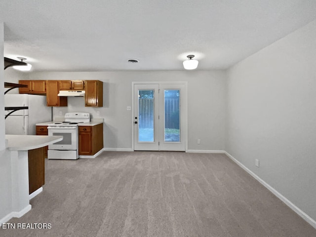 kitchen featuring light carpet and white appliances