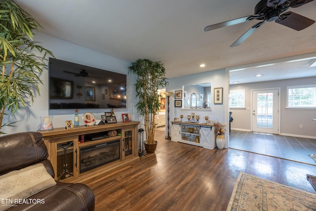 living room featuring ceiling fan and dark hardwood / wood-style floors