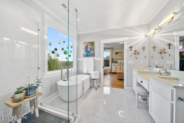 bathroom featuring vanity, separate shower and tub, wood-type flooring, and ornamental molding