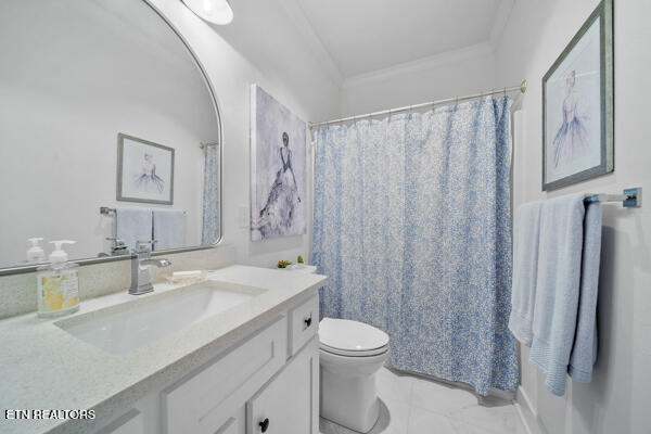 bathroom with toilet, vanity, and ornamental molding