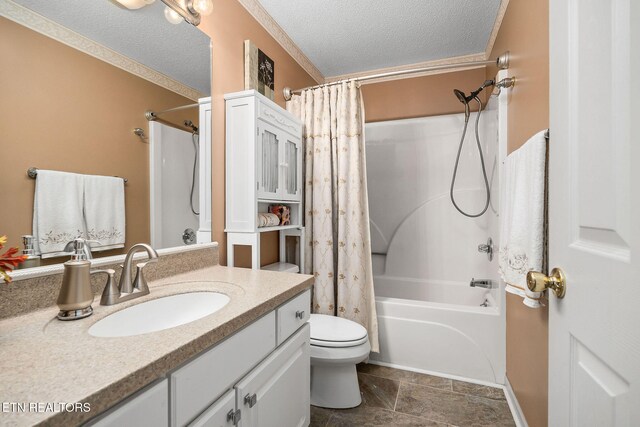 full bathroom featuring tile patterned flooring, a textured ceiling, toilet, vanity, and shower / tub combo