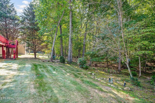 view of yard featuring a wooden deck