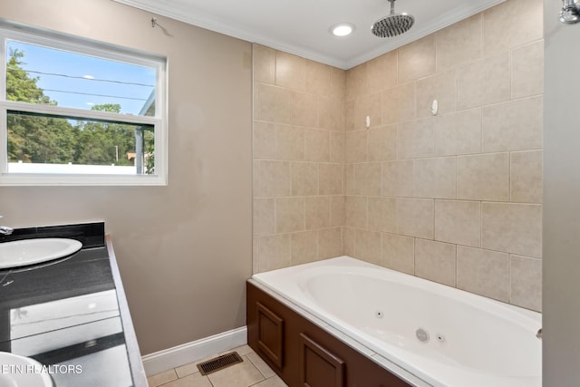 bathroom with tile patterned floors, crown molding, sink, and  shower combination