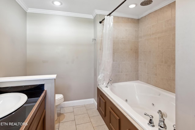 full bathroom featuring ornamental molding, vanity, shower / bath combo with shower curtain, tile patterned flooring, and toilet