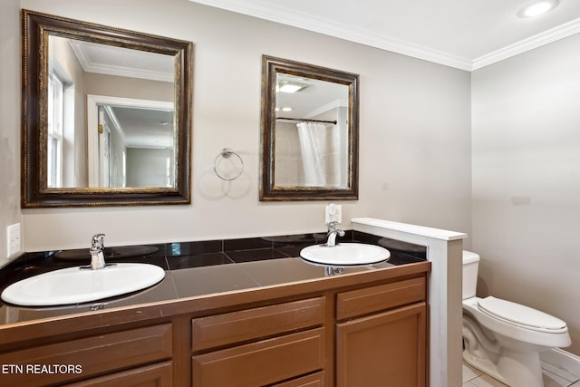 bathroom featuring walk in shower, tile patterned floors, toilet, vanity, and ornamental molding