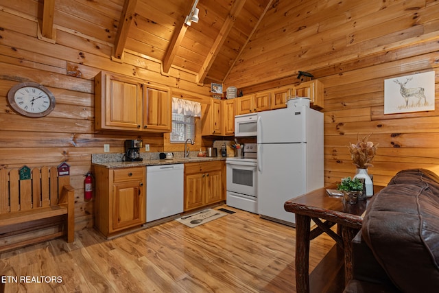 kitchen featuring sink, wooden ceiling, beamed ceiling, white appliances, and light wood-type flooring